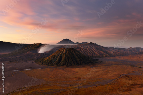 Beautiful sunrise at Tengger volcanic chain with smoking Bromo mount and the colorful Batok mount, Bromo - Tengger Semeru National Park, East Java, Indonesia
