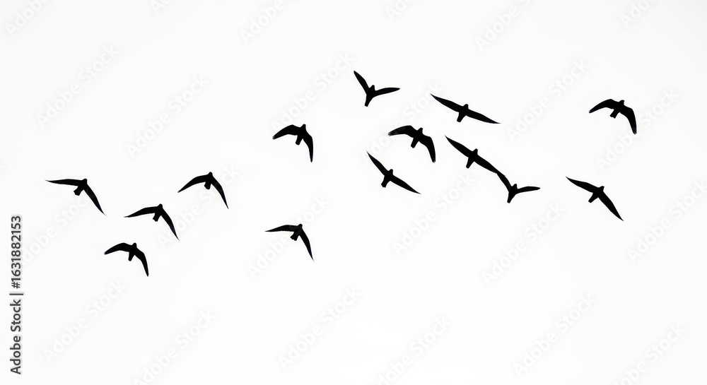 Fototapeta Flock of birds flying in formation isolated on white background