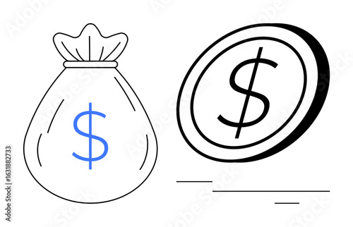 Money bag with a blue dollar sign and a large coin, symbolizing money, savings, economy, investments, and business growth. Ideal for finance, economy, budget investments banking wealth and simple