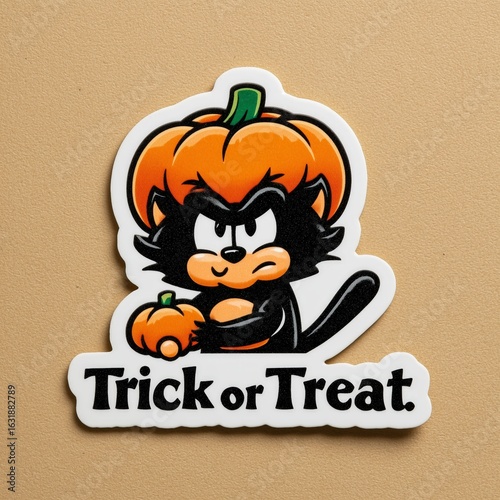 Cartoon black cat with pumpkin on head and small pumpkin is ready to trick or treat