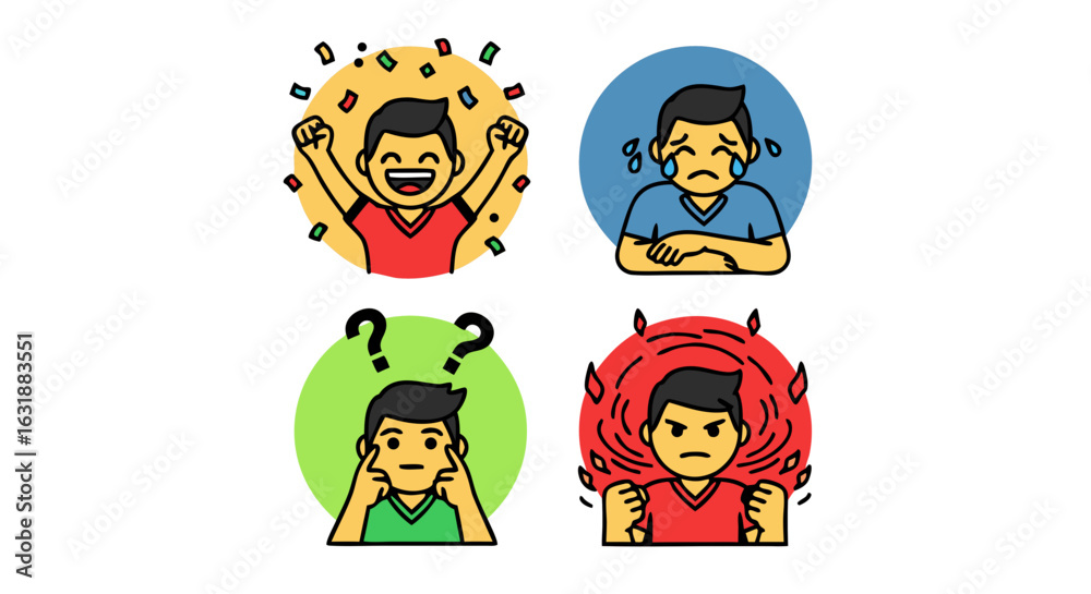 Obraz premium A collection of expressive emoticon icons displaying emotions of sadness, fear, and hiding. Vector graphic of crying, screaming, and facepalm characters.