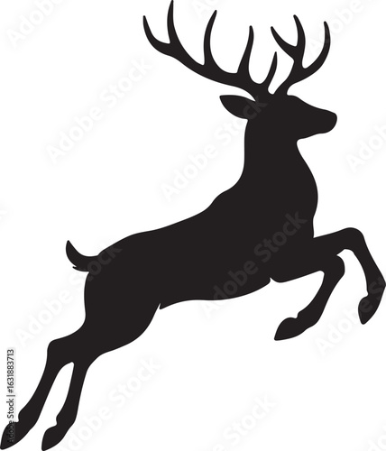 Black silhouette of a leaping stag with large antlers on a white background deer jumping