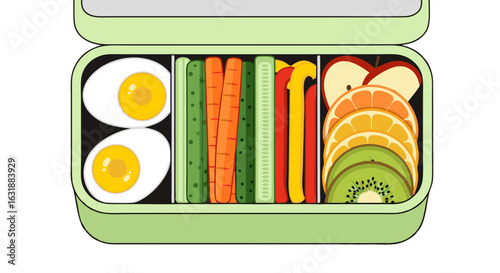 Top-down view of an organized lunchbox filled with healthy food. Vector illustration of a bento box with eggs, vegetables, and fruits for a nutritious meal.