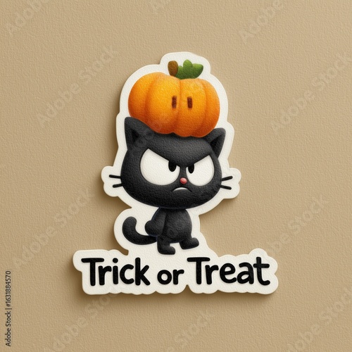 Grumpy Halloween Cat with Pumpkin: Trick or Treat sticker for the spooky season