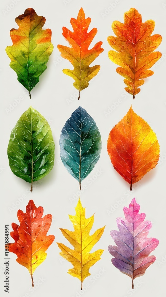 Fototapeta premium Colorful variety of autumn leaves on a neutral background showcasing natural beauty and seasonal change