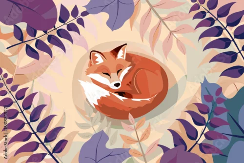 Obraz Śpiący lis zwinięty w kłębek w jesiennym lesie. Leśne tło ze zwierzęciem, idealne do projektów dla dzieci.