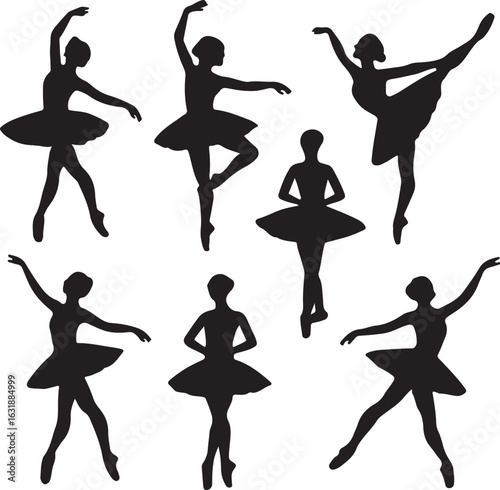 Seven black silhouette ballet dancers in various poses on white background dancing