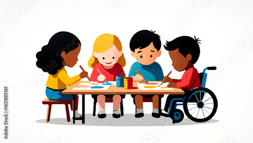 Children Painting Together at a Round Table in a Classroom

