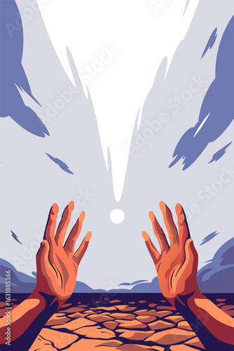 Ręce wyciągnięte do nieba nad spękaną, suchą ziemią. Symbol suszy, modlitwy i nadziei na deszcz.