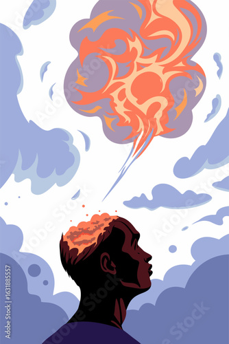 Sylwetka ludzkiej głowy z ognistym wybuchem. Koncepcja kreatywności, stresu i wypalenia zawodowego.