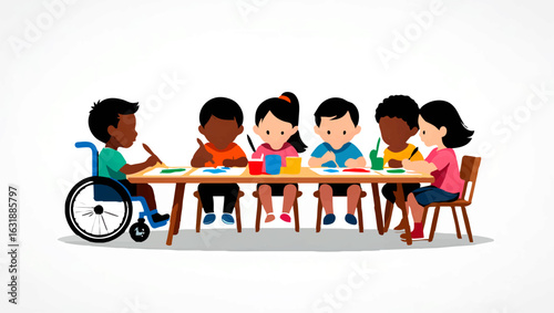 Children Painting Together at a Round Table in a Classroom

