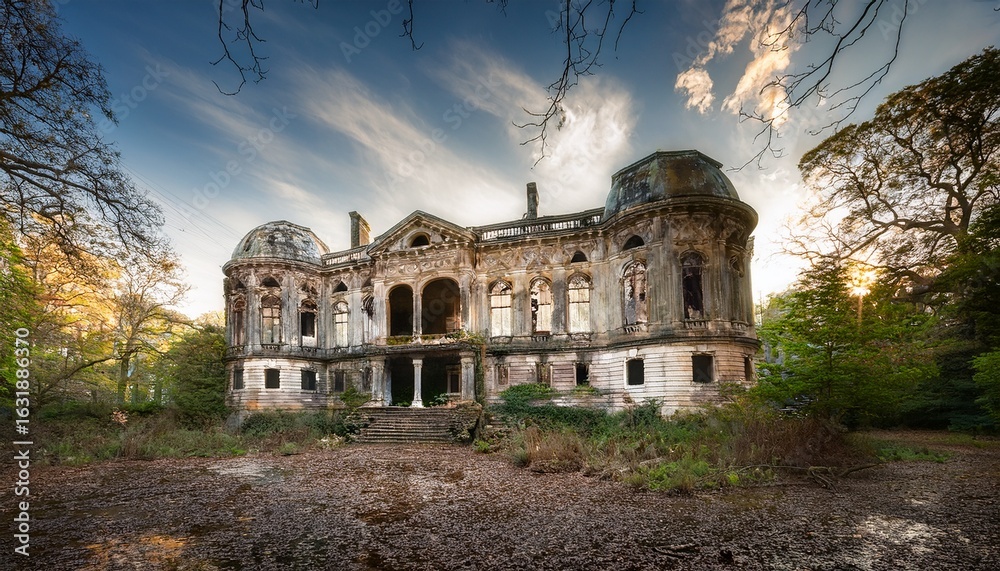 Fototapeta premium echoes of the past the deteriorating elegance of the mansion evokes a sense of lost grandeur and a haunting history