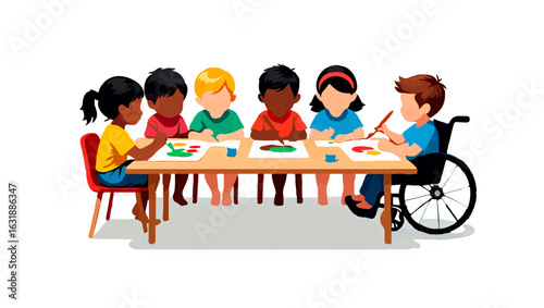 Children Painting Together at a Round Table in a Classroom

