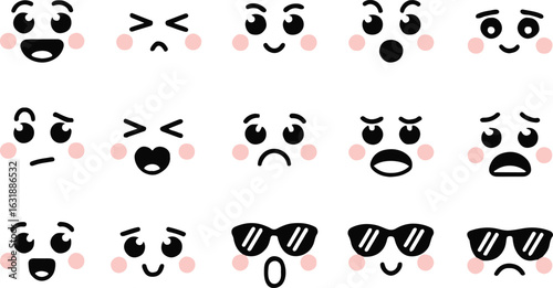 Set of cute kawaii emoji faces with different expressions isolated on white background
