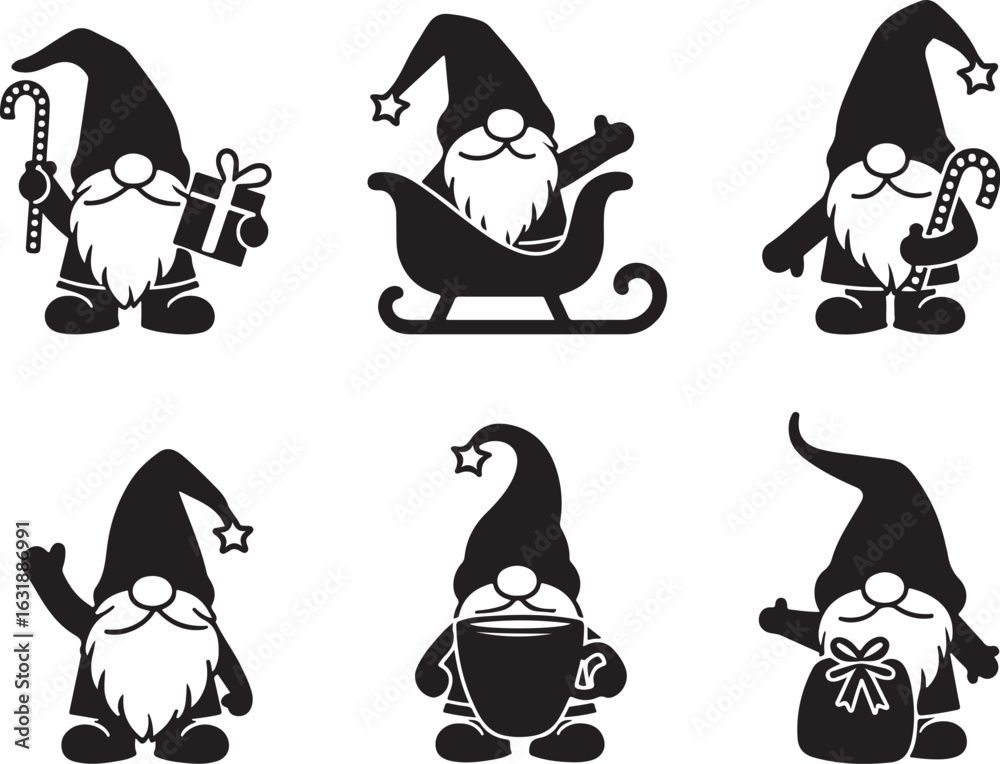 Naklejka premium Whimsical Christmas gnome silhouettes perfect for holiday designs and crafts