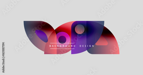 Abstract shapes overlap, creating vibrant color gradients. Design features pinks, purples, blues over light gray background. Text reads background design.