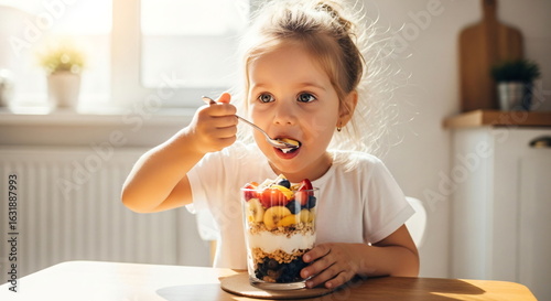 Pretty girl enjoys eating healthy breakfast with yogurt, fruits, and granola. Child has a snack. Concept of healthy eating, kids.