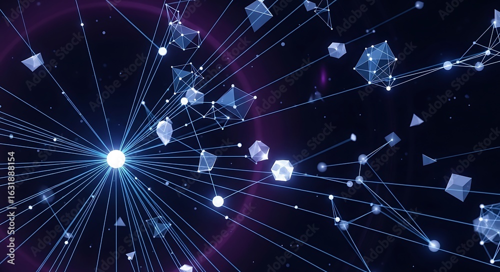 Obraz premium Abstract visualization of a futuristic digital network with glowing nodes and geometric shapes radiating from a central light core.