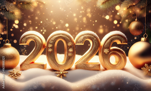 The golden figures 2026 made of candles on a black stone slate background are decorated with a festive decor of stars, sequins, fir branches, balls and garlands. Greeting card, happy New Year.
