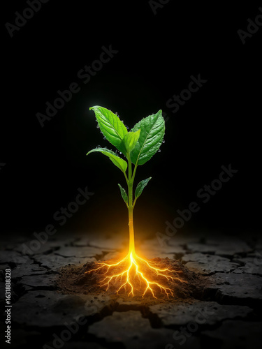 Thriving Sapling of Hope: A vibrant sapling bursts forth from barren soil, its roots glowing with an inner light, symbolizing growth, resilience, and the potential of new beginnings.