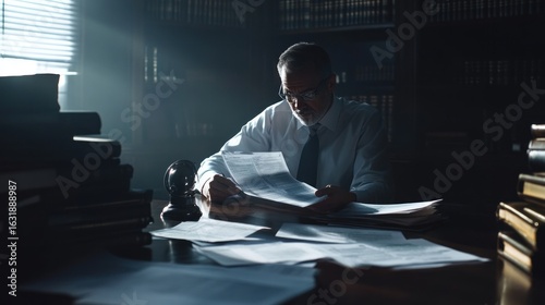Focused senior lawyer reviewing legal documents under dim illumination