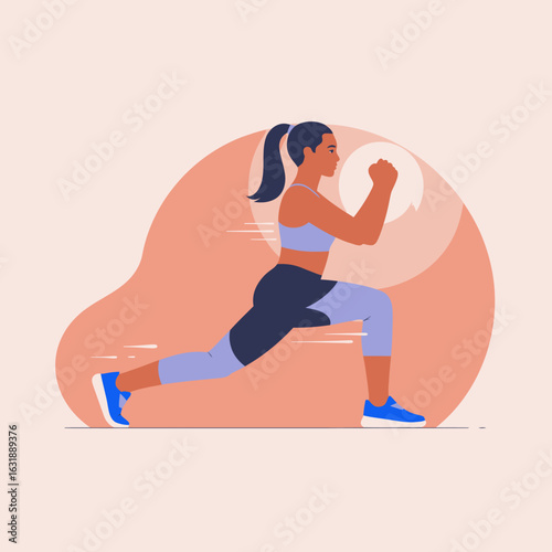 A determined woman is captured in motion, sprinting energetically, showcasing a commitment to fitness and health, symbolizing strength and empowerment in an athletic setting.
