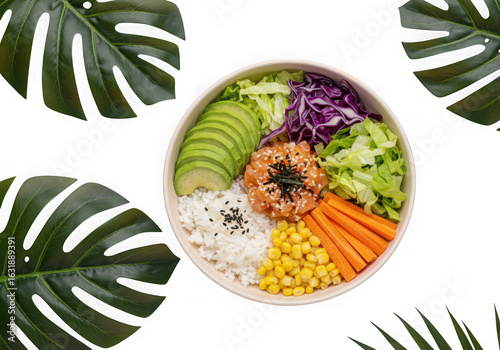 Healthy poke bowl with fresh ingredients isolated on transparent background