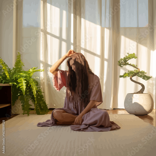 A serene woman sits gracefully in a sunlit room, embodying tranquility amidst lush plants, reflecting a moment of peaceful self-expression and beauty.