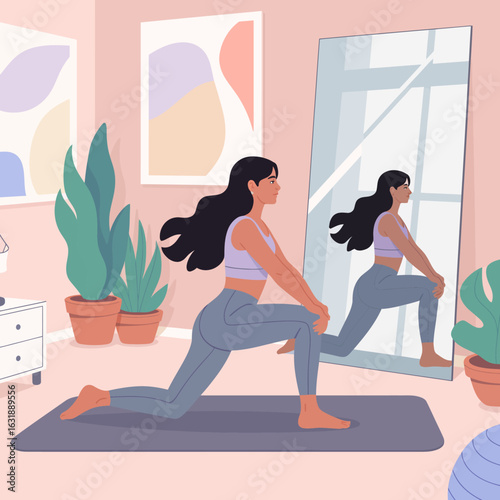A woman executes a lunge stretch in a well-decorated home studio with plants, emphasizing the importance of fitness and wellness in a personal space.