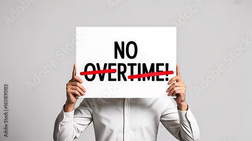 Businessman holding no overtime protest sign in hands