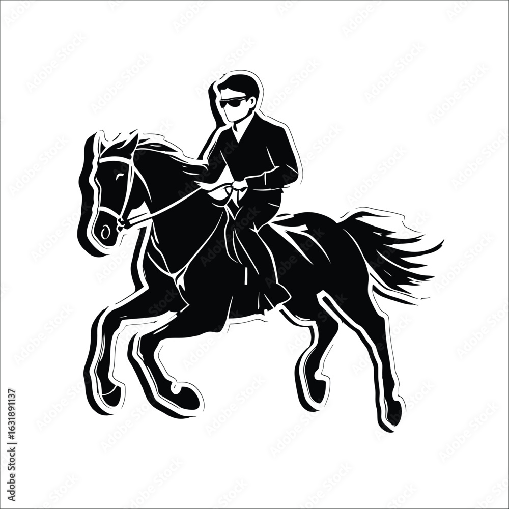 Obraz premium A black and white illustration of a person wearing sunglasses riding a horse at a fast pace design