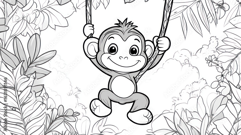 Fototapeta premium Enchanting Jungle Adventure, A playful monkey on a swing coloring page