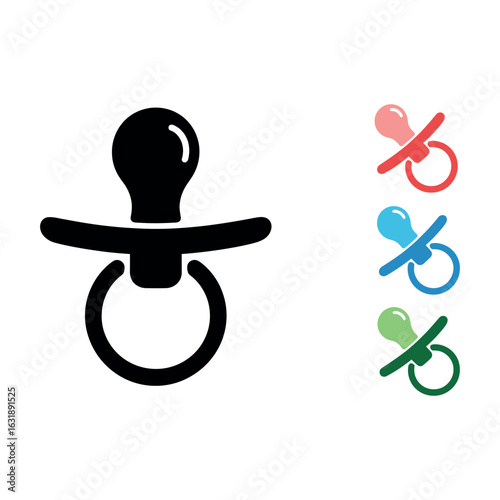 Black pacifier icon with colorful options on white background baby nipple