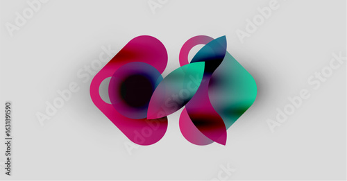 Abstract shapes overlap, creating vibrant color blends. Pink, teal, purple hues dominate neutral background. Soft glow enhances visual impact.