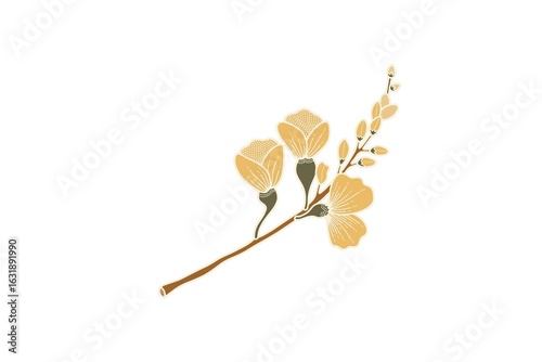 Botanical golden hibiscus flowers and leaves vector illustration