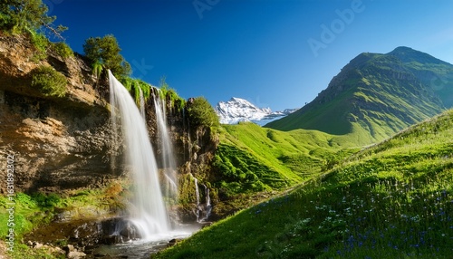 a serene landscape featuring a waterfall surrounded by lush greenery mountains and a clear sky evoking tranquility and natural beauty