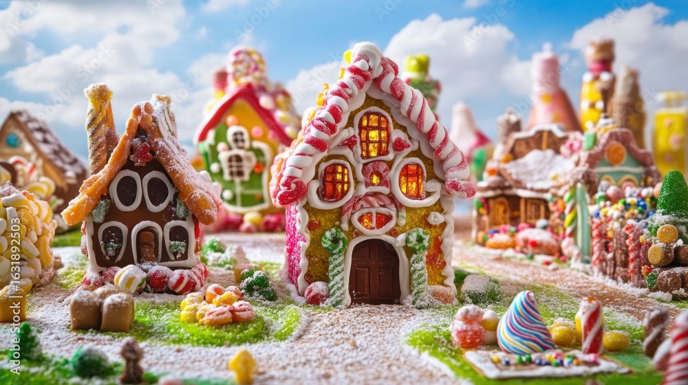 Fototapeta premium Enchanting gingerbread village under a whimsical sky, sweet edible architecture