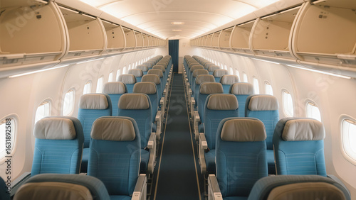 Empty airplane cabin with rows of teal blue seats and light beige headrests. Overhead compartments are open.  The aisle is carpeted.