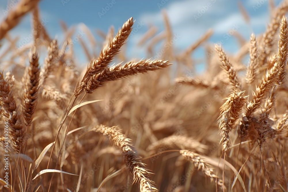 Fototapeta premium Golden wheat field under a blue sky, symbol of harvest season and rural beauty. Sustainability and natural farming. Beauty of agriculture and nature. 