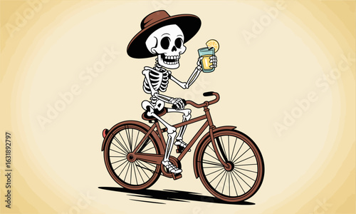 A cheerful skeleton riding a vintage bicycle, holding a refreshing drink with a slice of lemon, showcases a lively and playful take on fun summer activities.