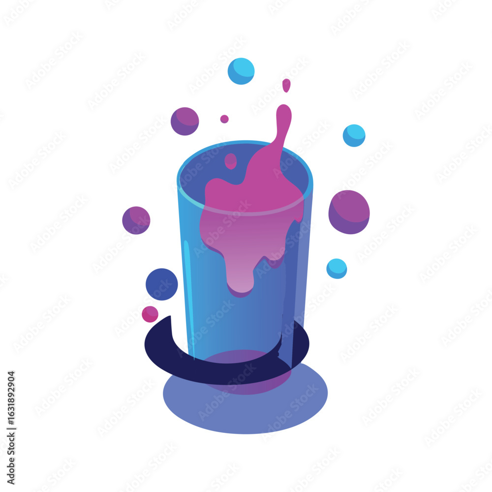 Obraz premium Vector art of abstract illustration of a glass with pink liquid splashing and colorful bubbles