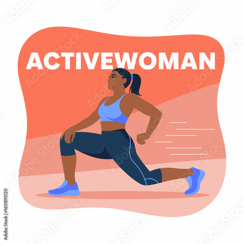 An empowered woman is captured in a lunge position, emphasizing strength and determination, symbolizing health, dedication, and an active lifestyle in a vibrant athletic environment.