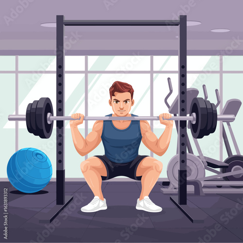 A young man in a gym performing squats with a barbell, emphasizing strength training and fitness routines in a well-lit and modern exercise space for health enthusiasts.