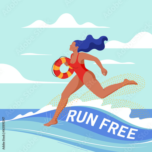 An eye-catching depiction of a woman joyfully sprinting along an ocean wave while holding a lifebuoy, embodying spirit, adventure, and the thrill of summer fun.