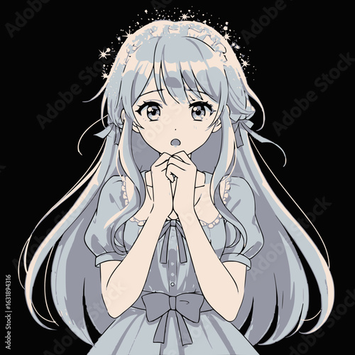 Worried anime girl with long white hair and a sad expression, with her hands clasped, wearing a cute light blue dress vector illustration.