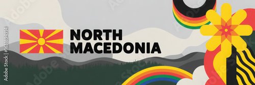 North Macedonia Independence Day artwork featuring national flag, bold country name text, and vibrant abstract elements for cultural celebration