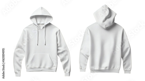 Plain white hoodie mockup, front and back view for branding and commercial use on transparent background