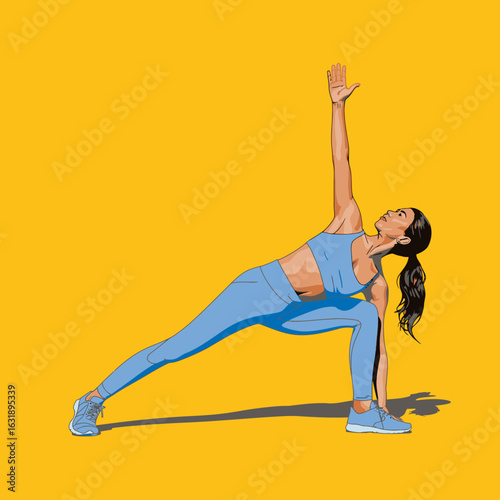 A stylish woman demonstrates a yoga pose, extending her arm while leaning forward, embodying grace and athleticism against a striking yellow background.