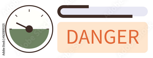 Gauge measuring critical level paired with bold Danger alert text. Ideal for risk warning, safety indication, caution, emergencies, pressure monitoring, security, and hazard signs. Simple flat