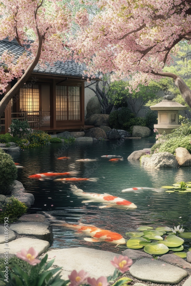 Fototapeta premium Serene japanese garden with koi pond and blooming cherry trees in spring
